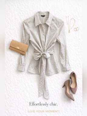 Understated Luxury Moment - Silky Light Gray Cheeta Print Tie-Front Blouse